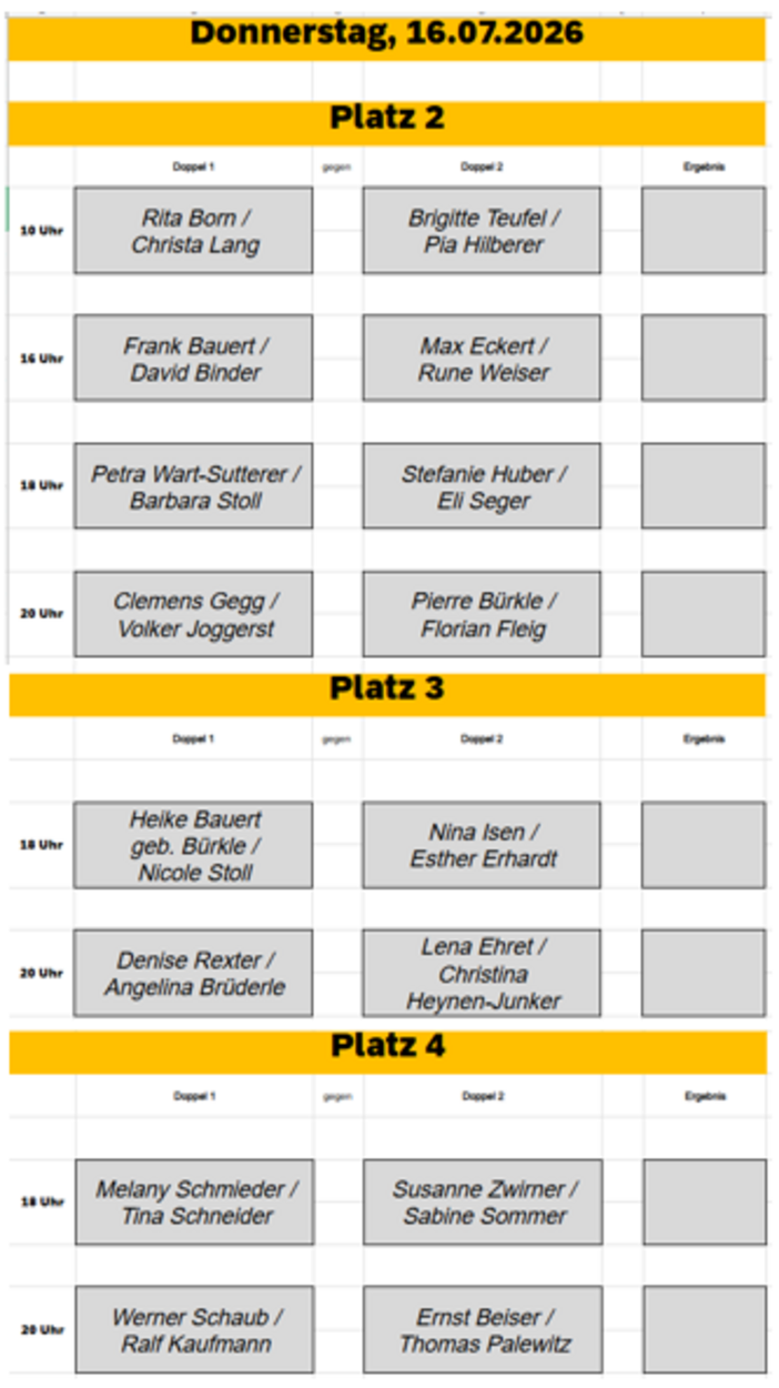 Spielbegegnungen & Essensplan für den 16. Juli