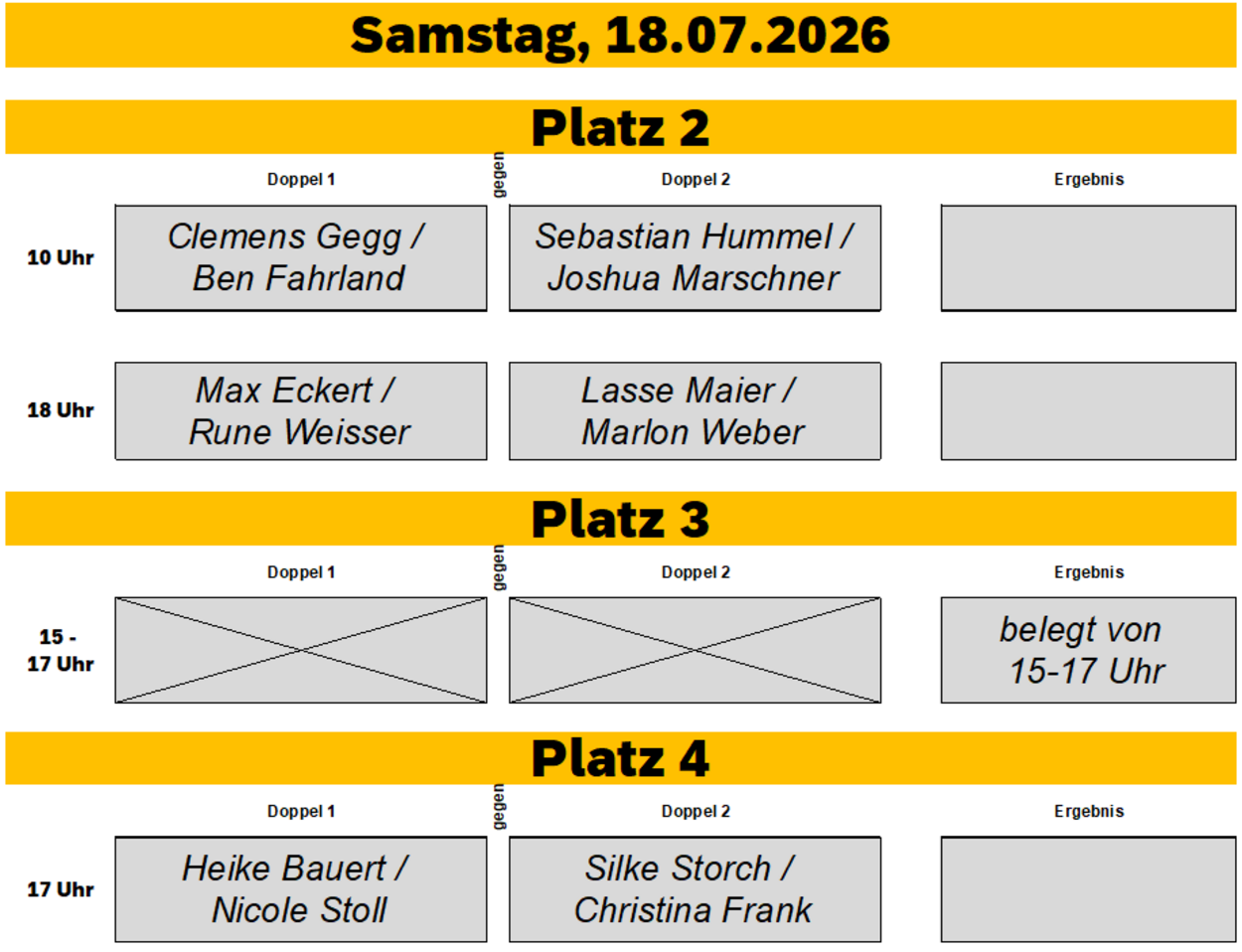 Spielbegegnungen & Parksituation für den 18. Juli